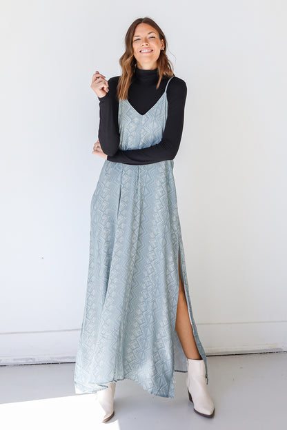 Model wearing a blue Maxi Dress Front View