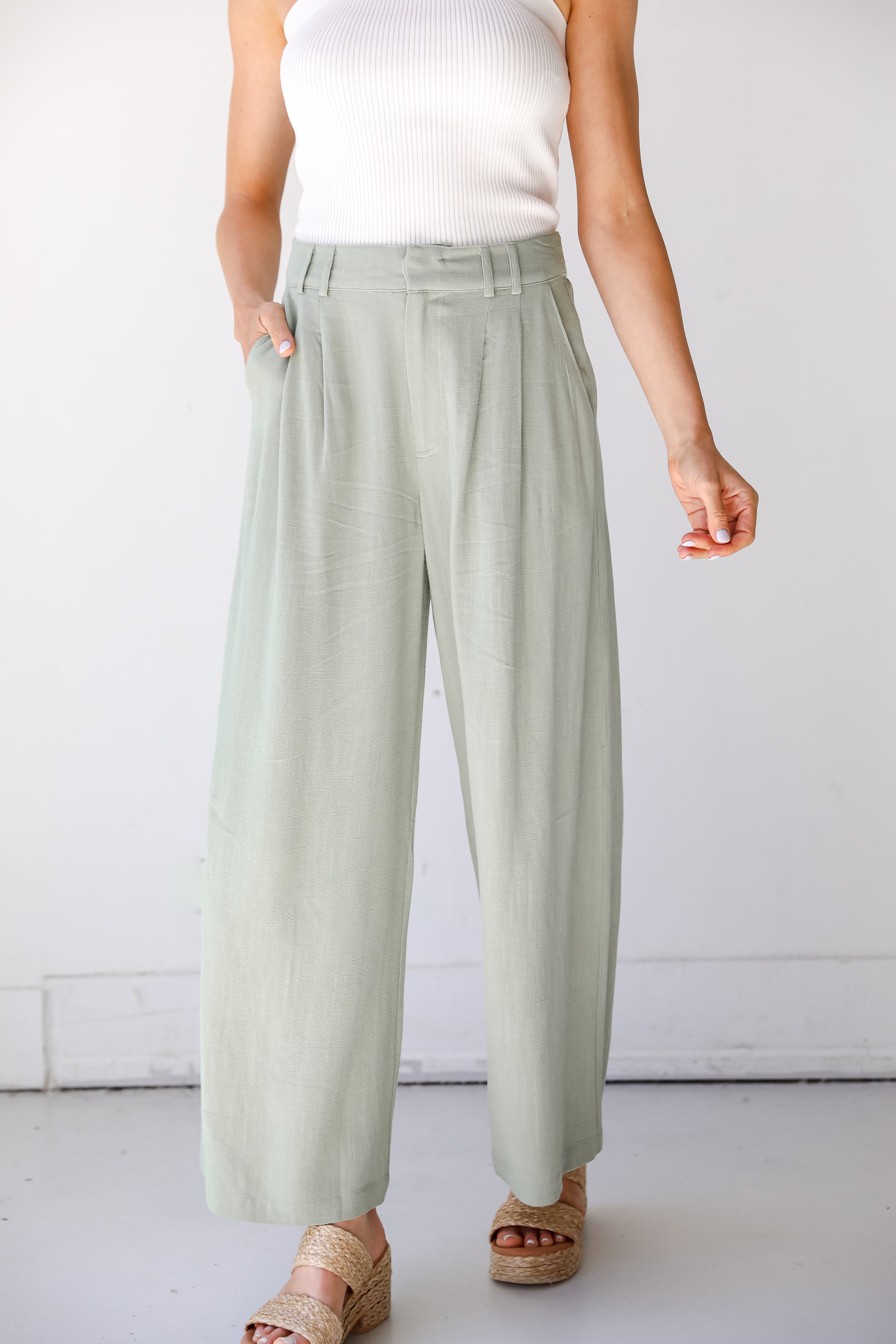 sage Linen Pants front view