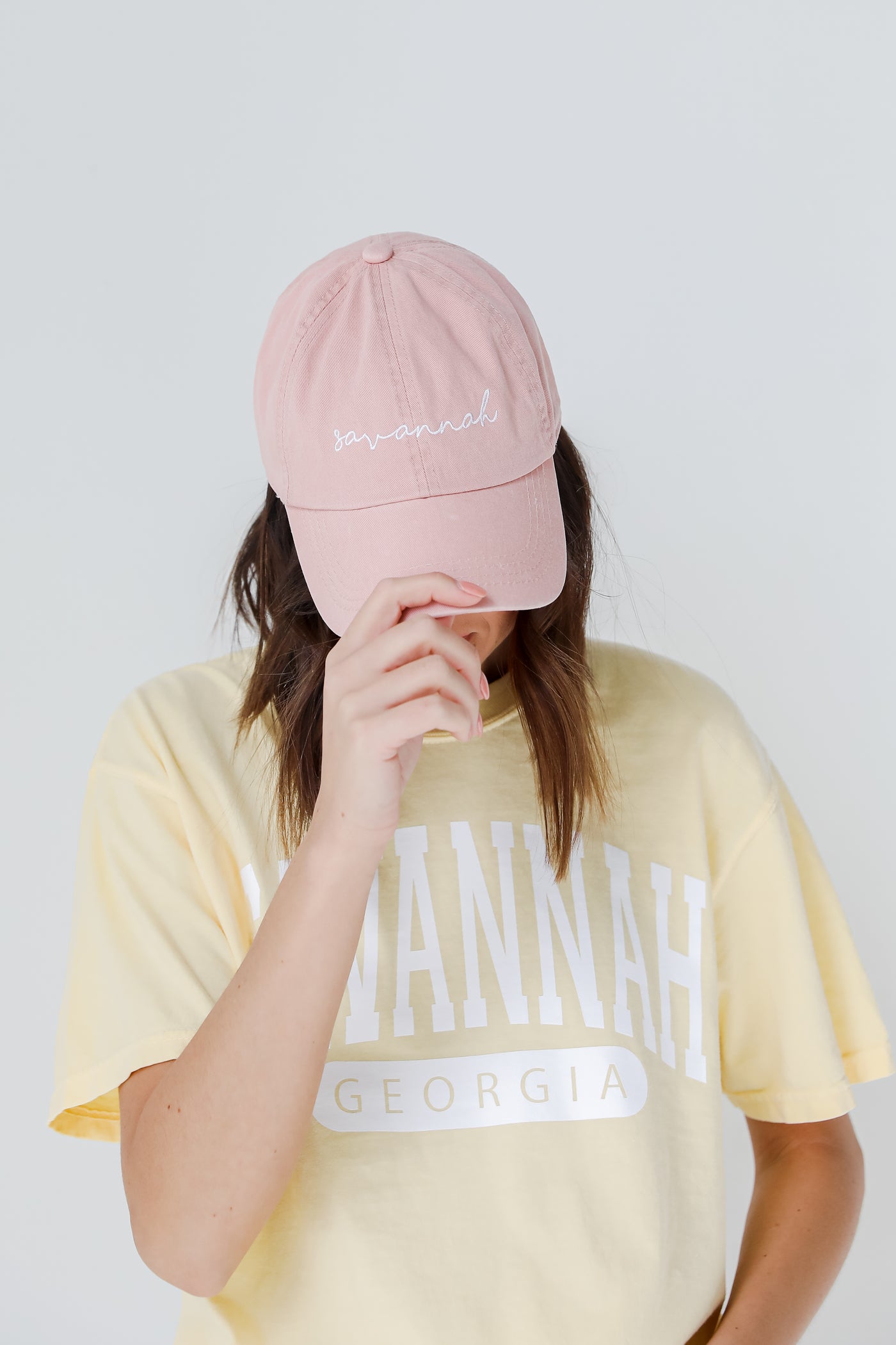 Savannah Script Embroidered Hat in blush on model