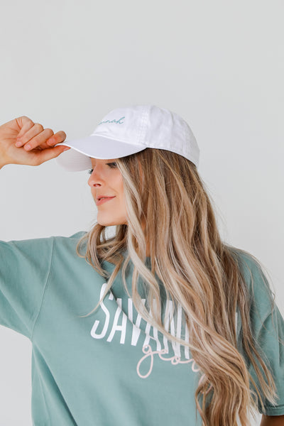 Savannah Script Embroidered Hat in white side view
