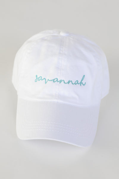 Savannah Script Embroidered Hat in white flat lay