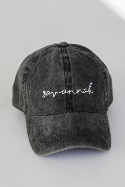 Savannah Script Embroidered Hat in black flat lay