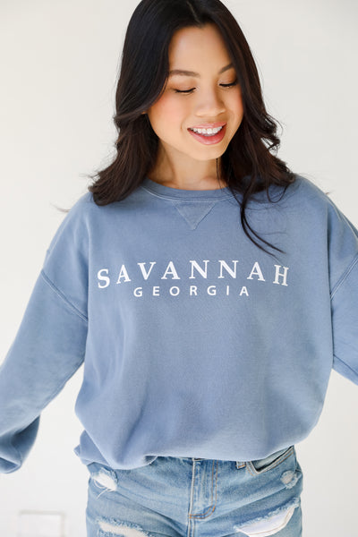 Light Blue Savannah Georgia Pullover on model