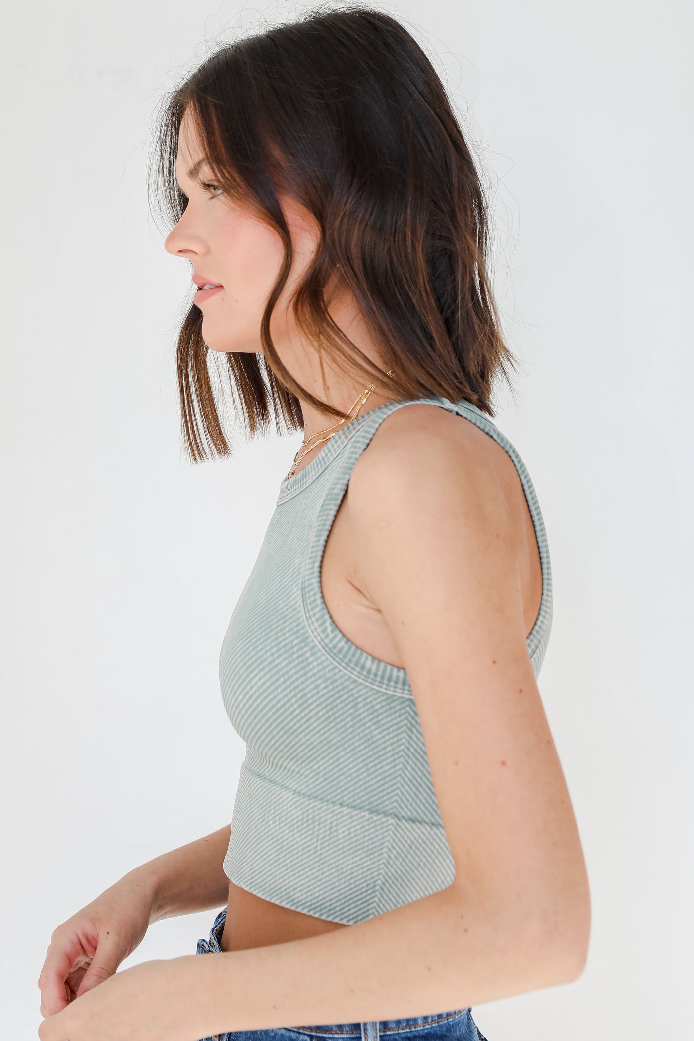 Seamless High Neck Ribbed Tank in sage side view