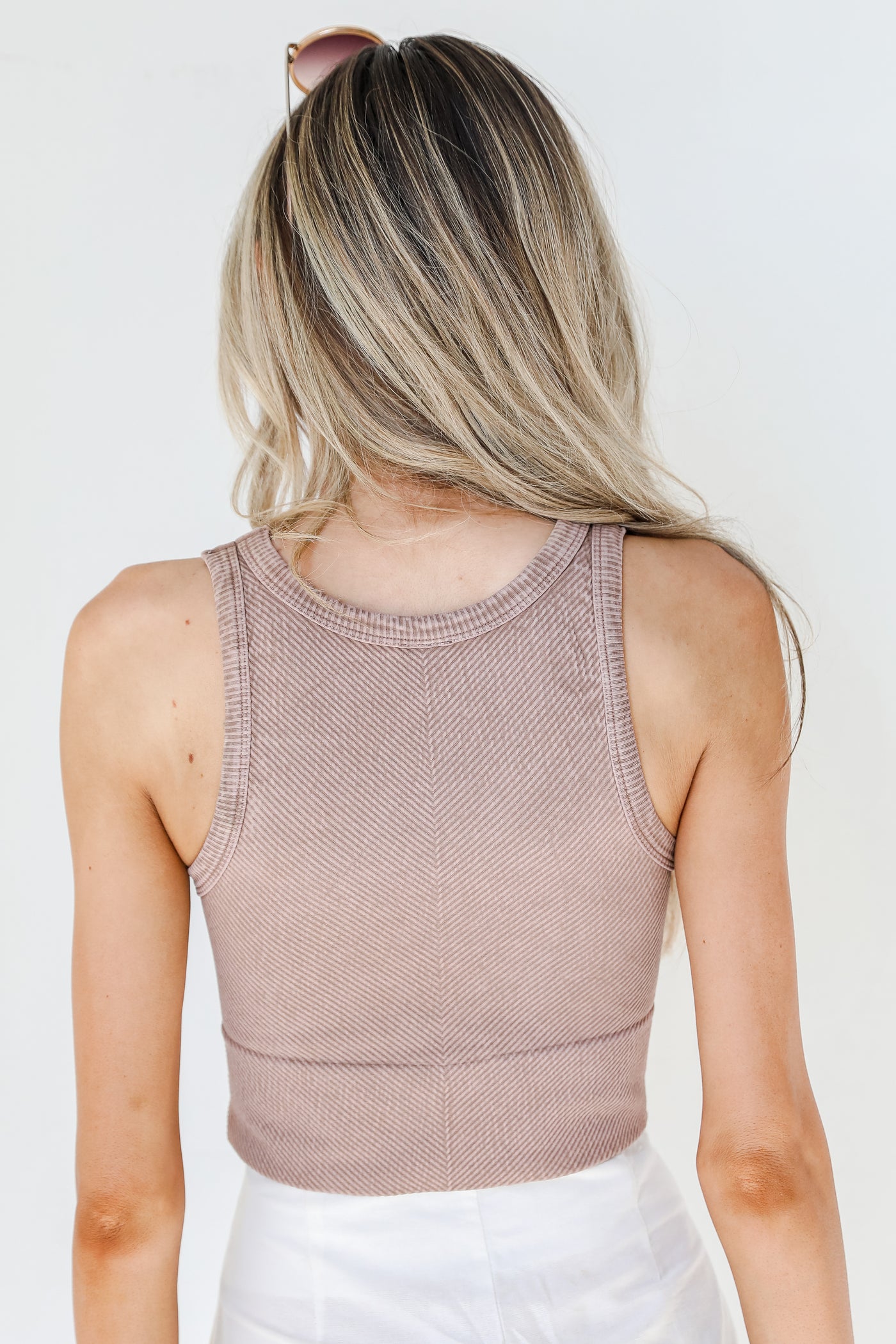 Seamless High Neck Ribbed Tank in brown back view
