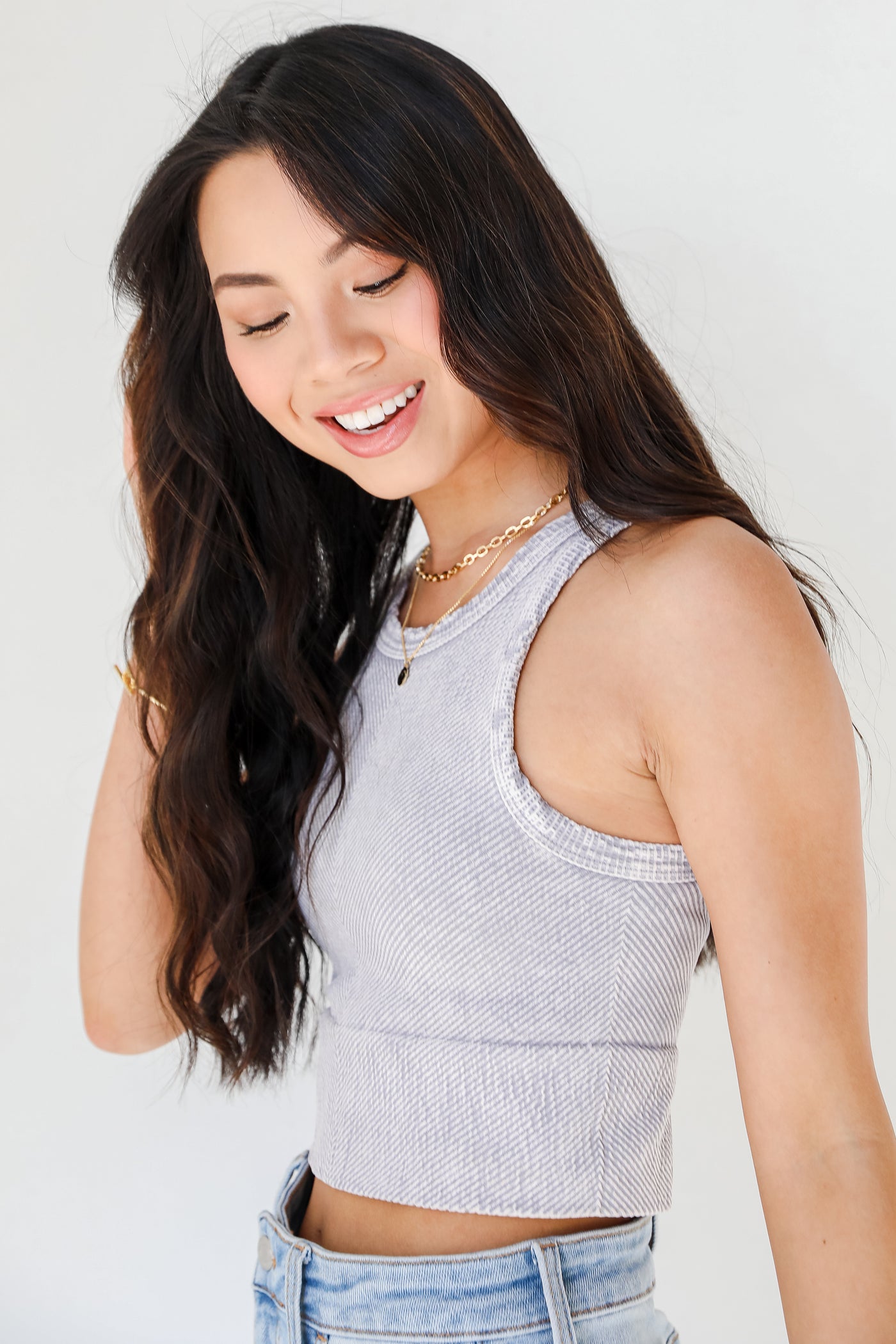 Seamless High Neck Ribbed Tank in grey side view