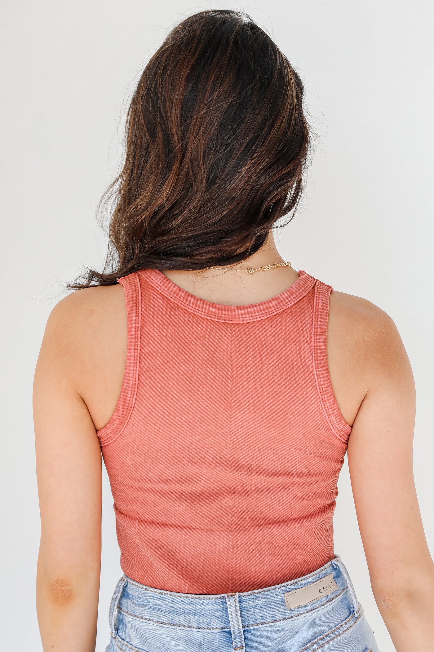 Seamless High Neck Ribbed Tank in clay back view