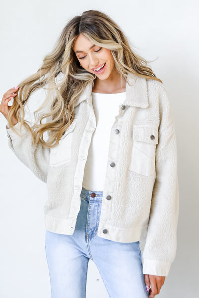 Sherpa Denim Jacket in ivory front view