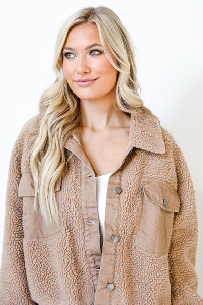 Sherpa Denim Jacket in taupe front view