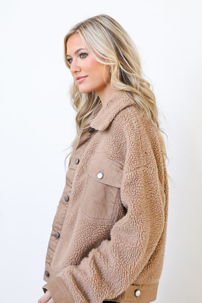 Sherpa Denim Jacket in taupe side view
