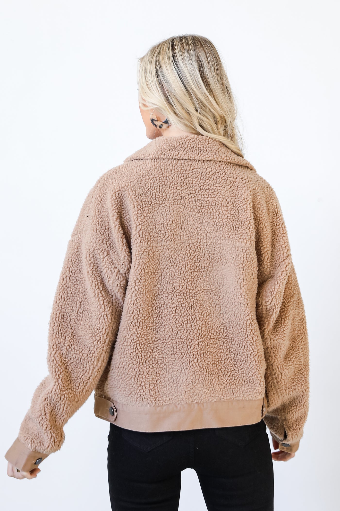 Sherpa Denim Jacket in taupe back view