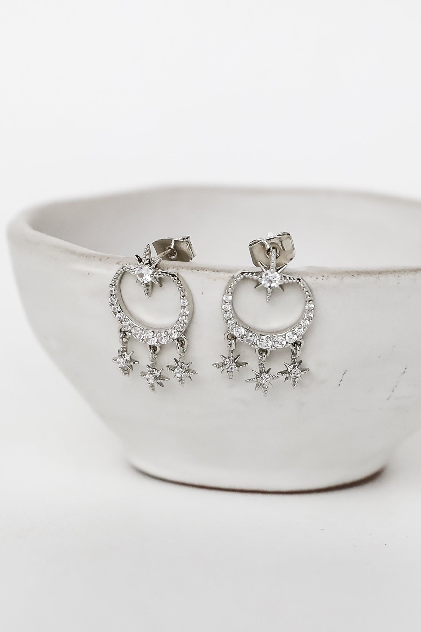 Silver Rhinestone Star Drop Earrings close up