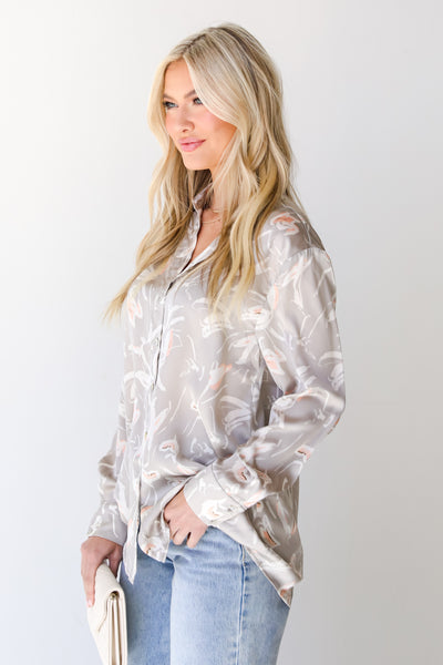 sliver satin Button-Up Blouse side view