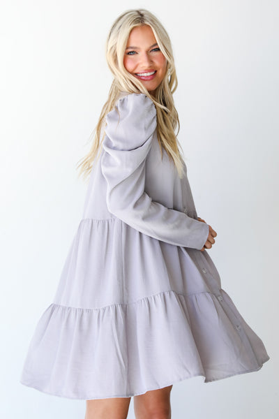 grey Tiered Mini Dress on model