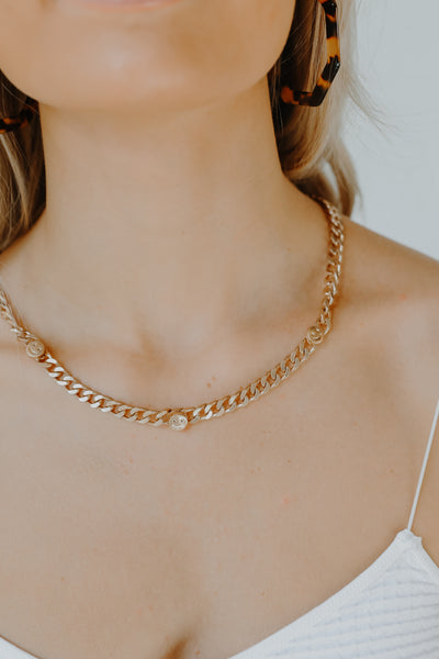 Gold Smiley Face Chain Necklace on model