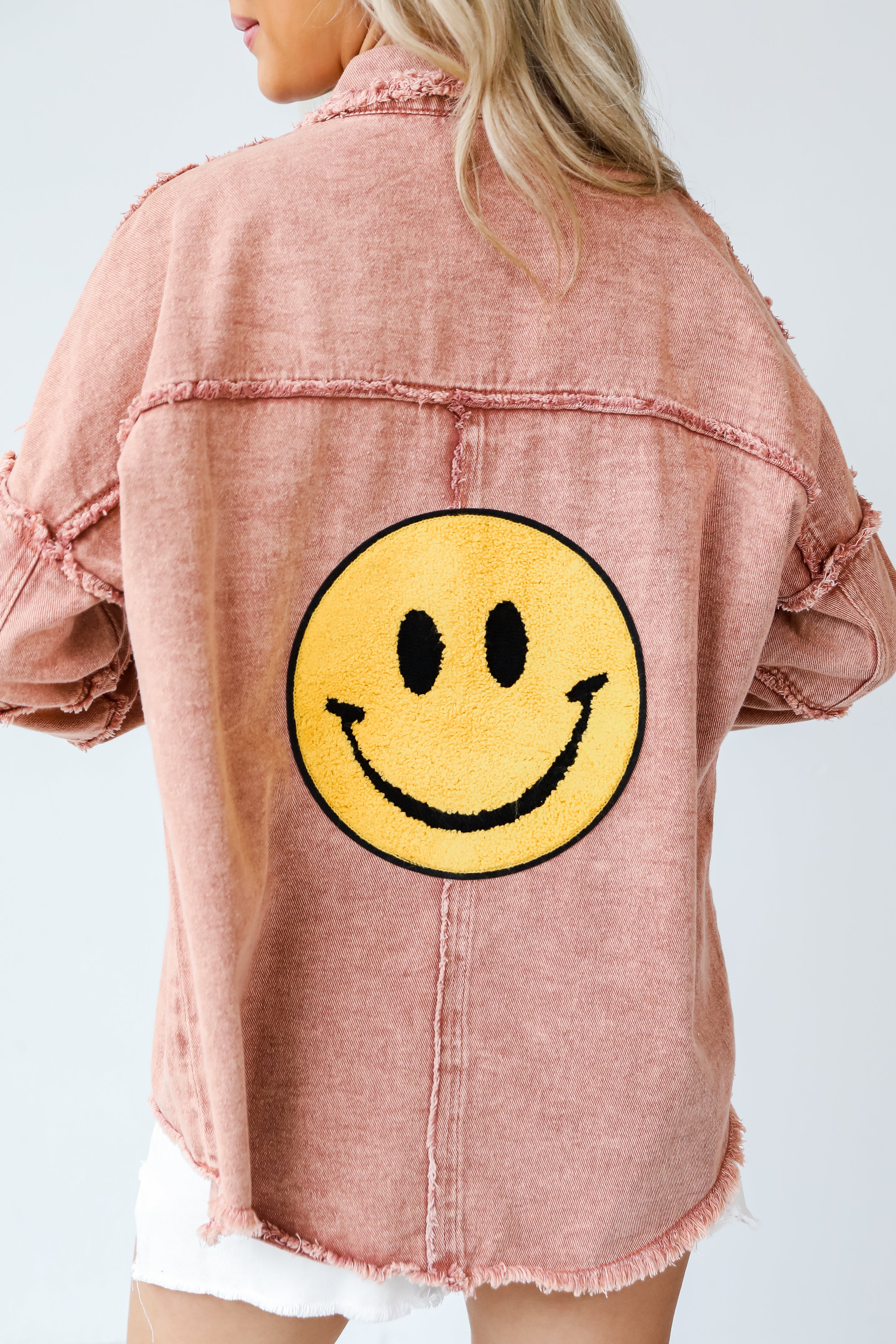 smiley face Denim Jacket back view close up