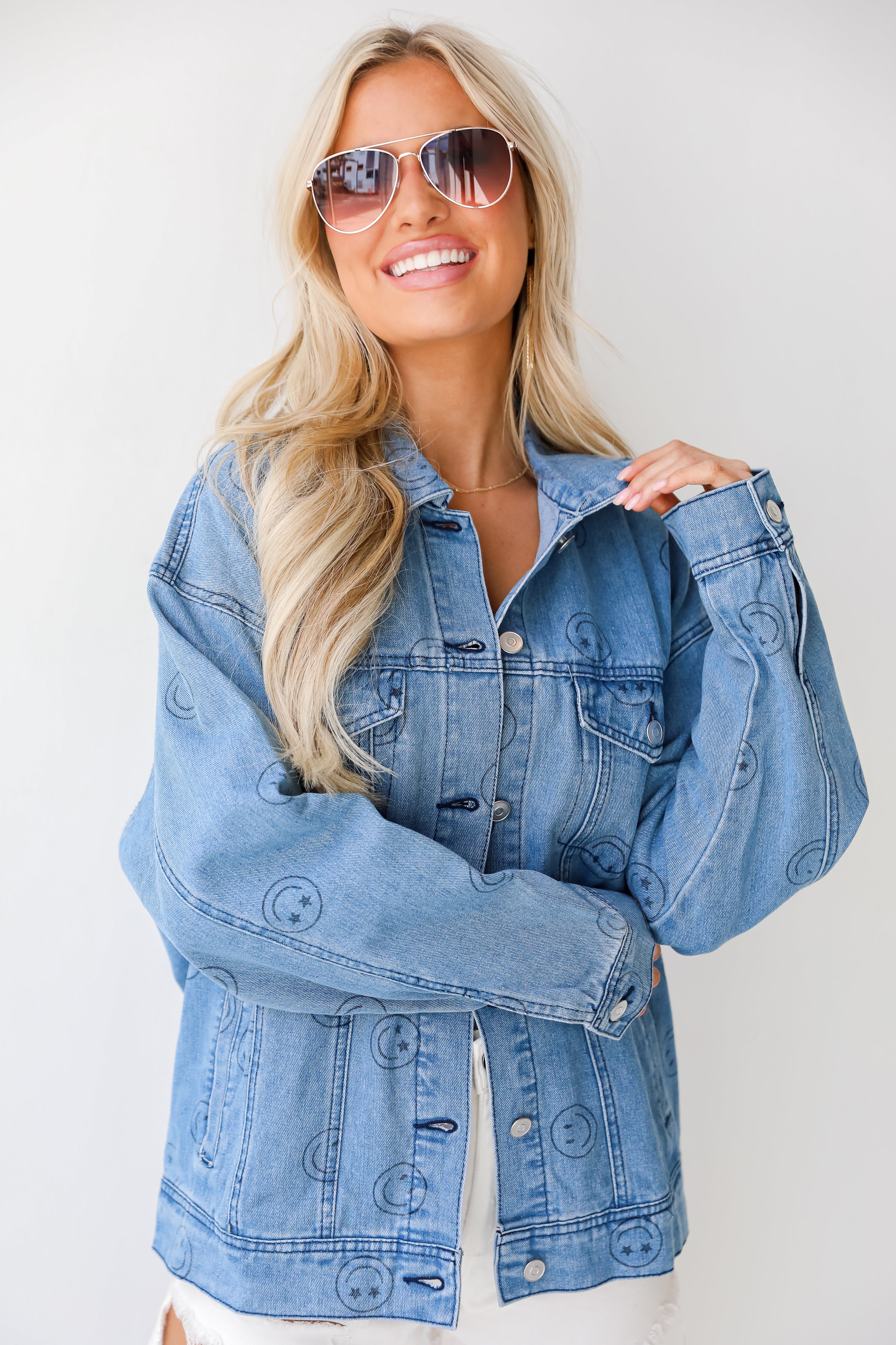 Smiley Face Denim Jacket on model