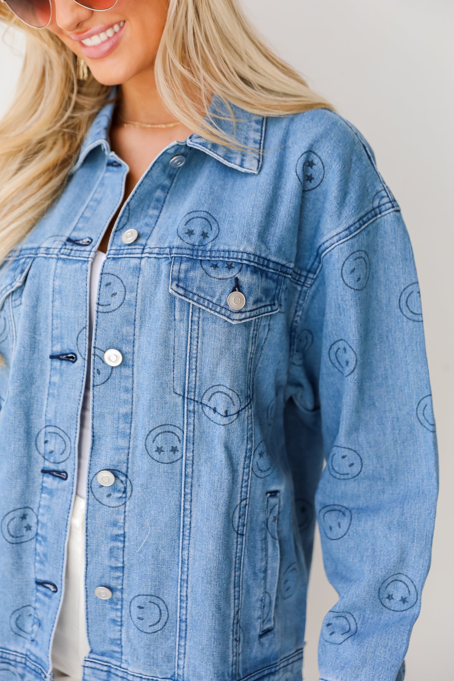 Smiley Face Denim Jacket close up