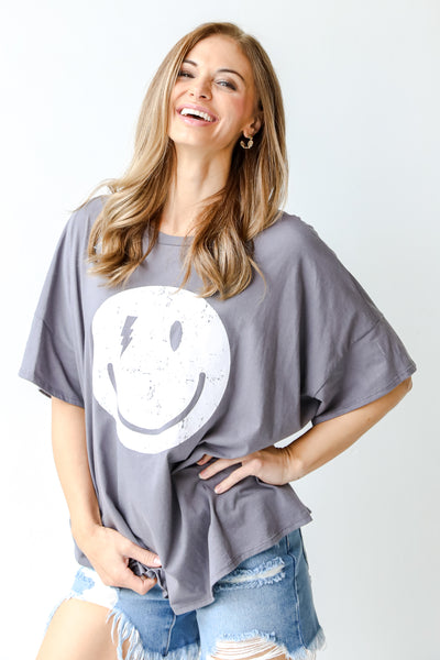 Smiley Face Oversized Graphic Tee on model