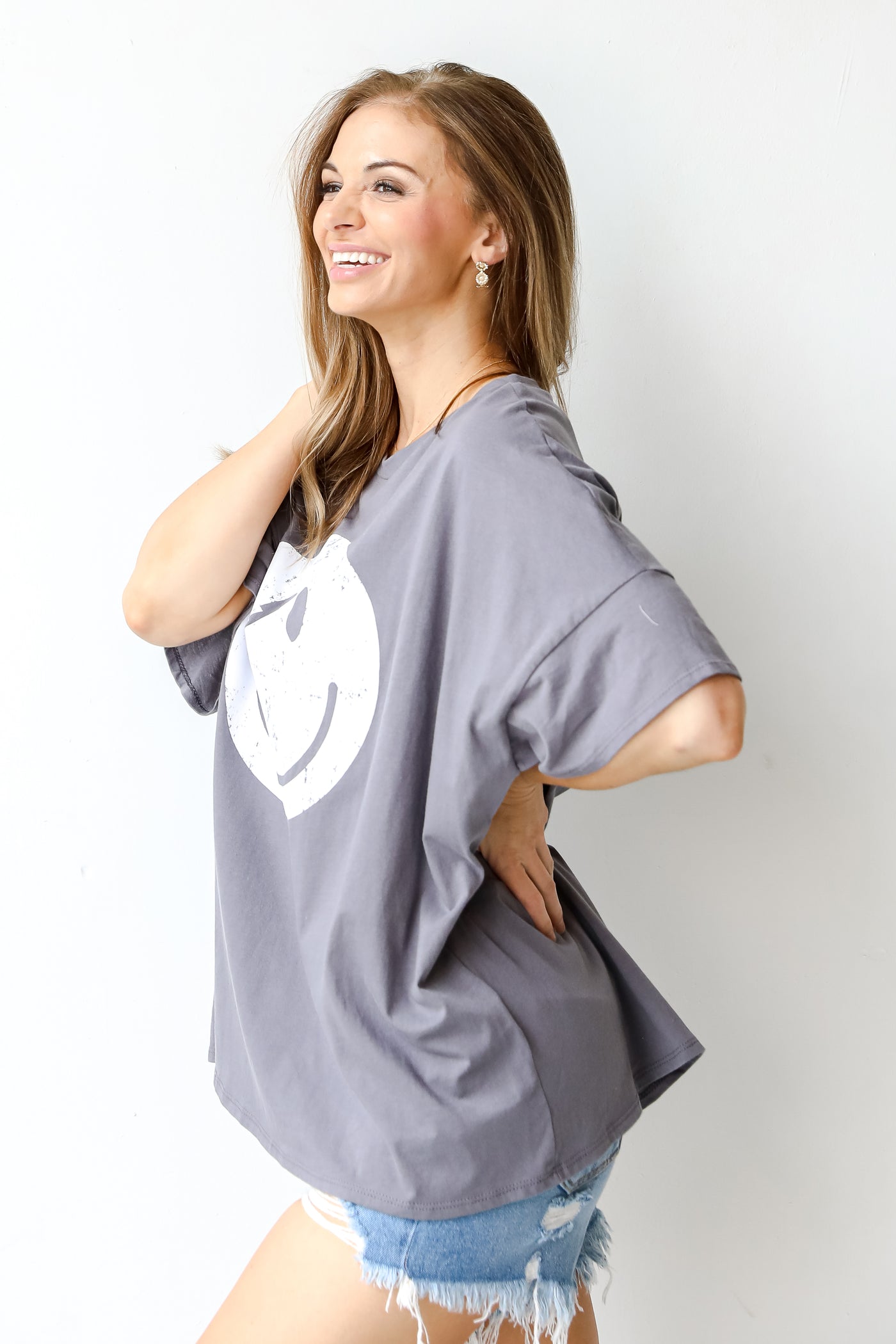 Smiley Face Oversized Graphic Tee side view
