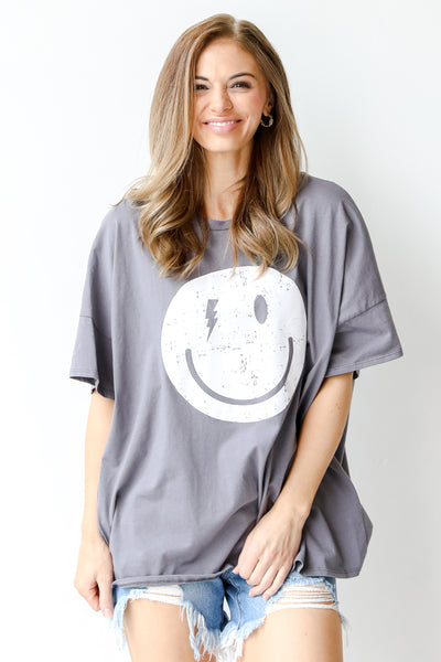 Smiley Face Oversized Graphic Tee front view