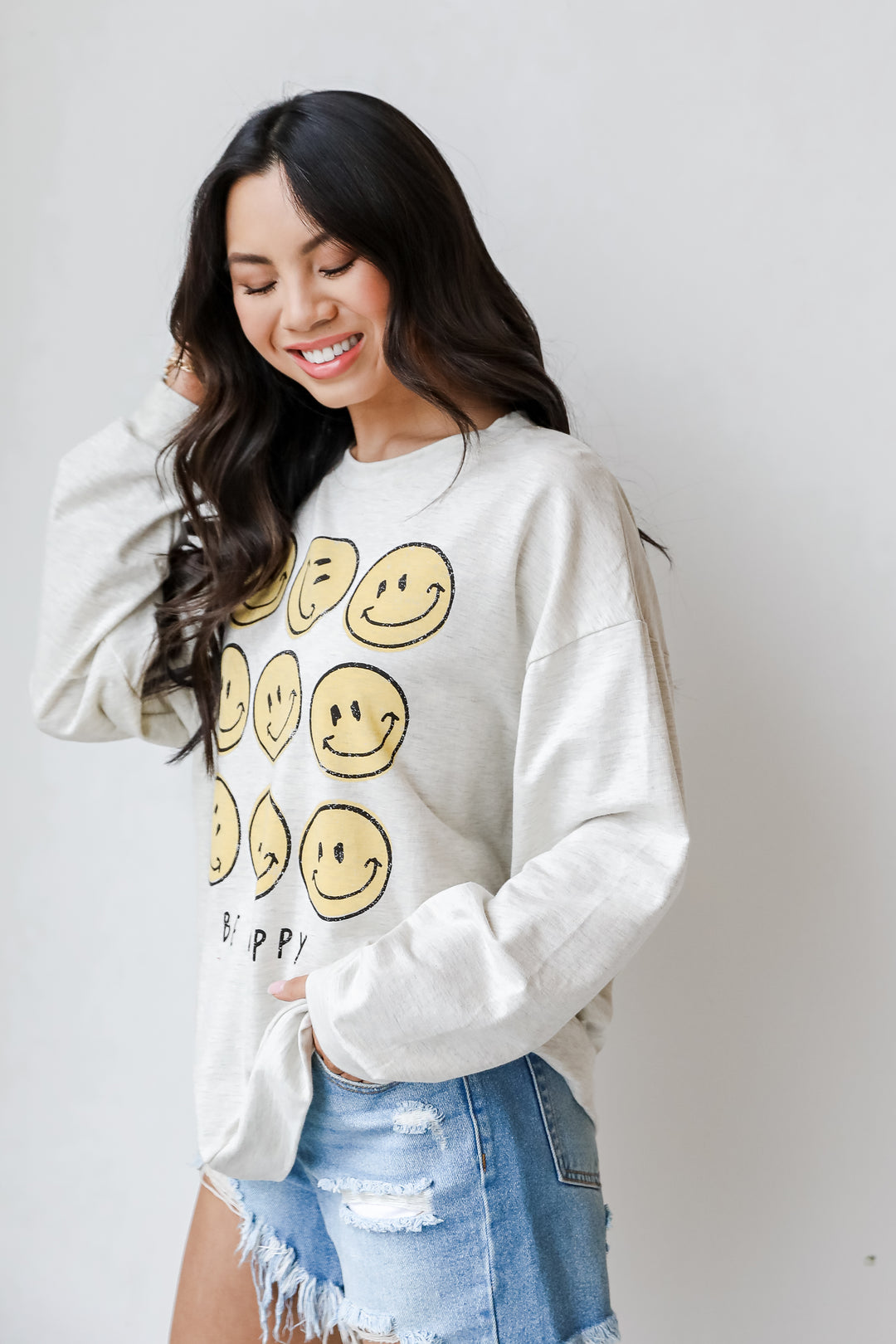 Be Happy Smiley Face Pullover side view
