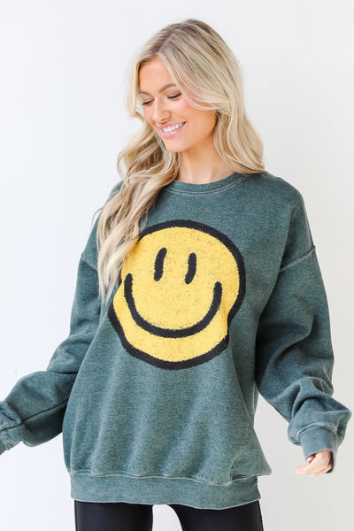 Smiley Face Oversized Pullover in hunter green