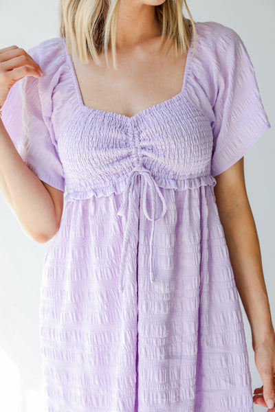Smocked Mini Dress in lilac close up