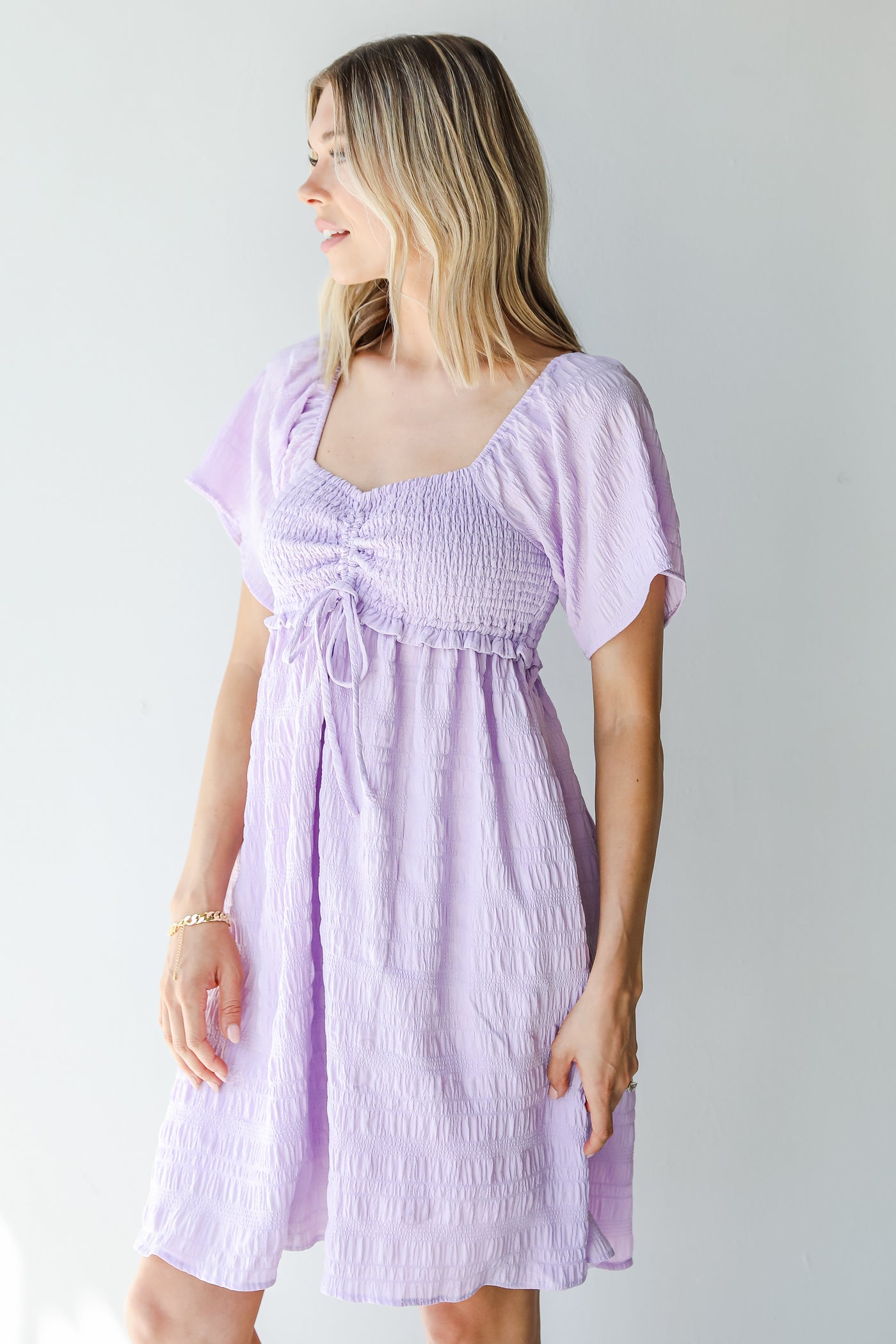 Smocked Mini Dress in lilac side view