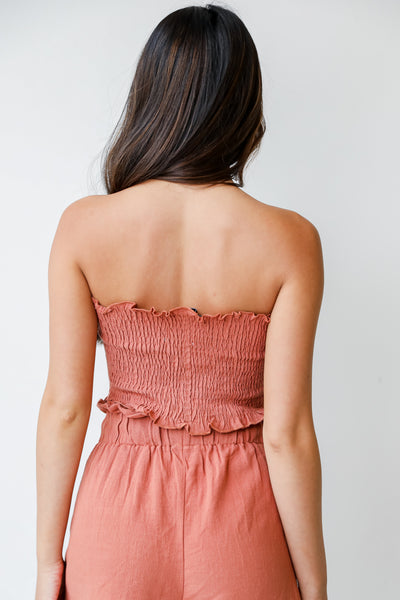Linen Smocked Crop Top in clay back view