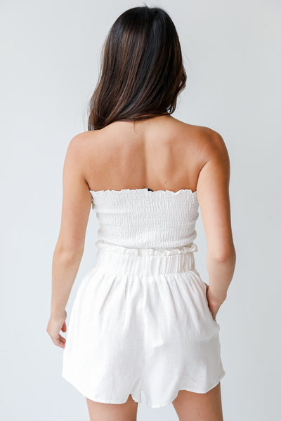 Linen Smocked Crop Top in white back view