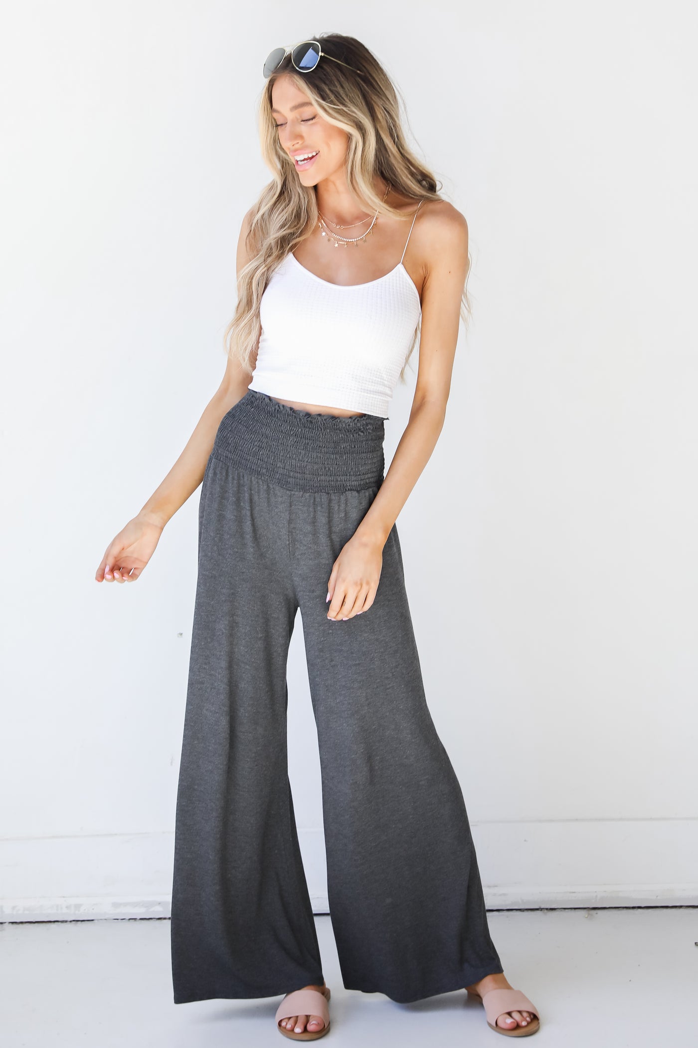 Smocked Wide Leg Pants in charcoal