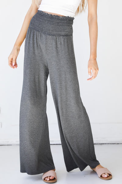 Smocked Wide Leg Pants in charcoal front view