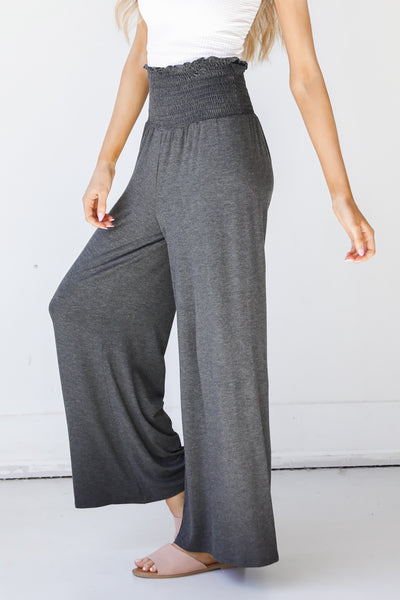 Smocked Wide Leg Pants in charcoal side view