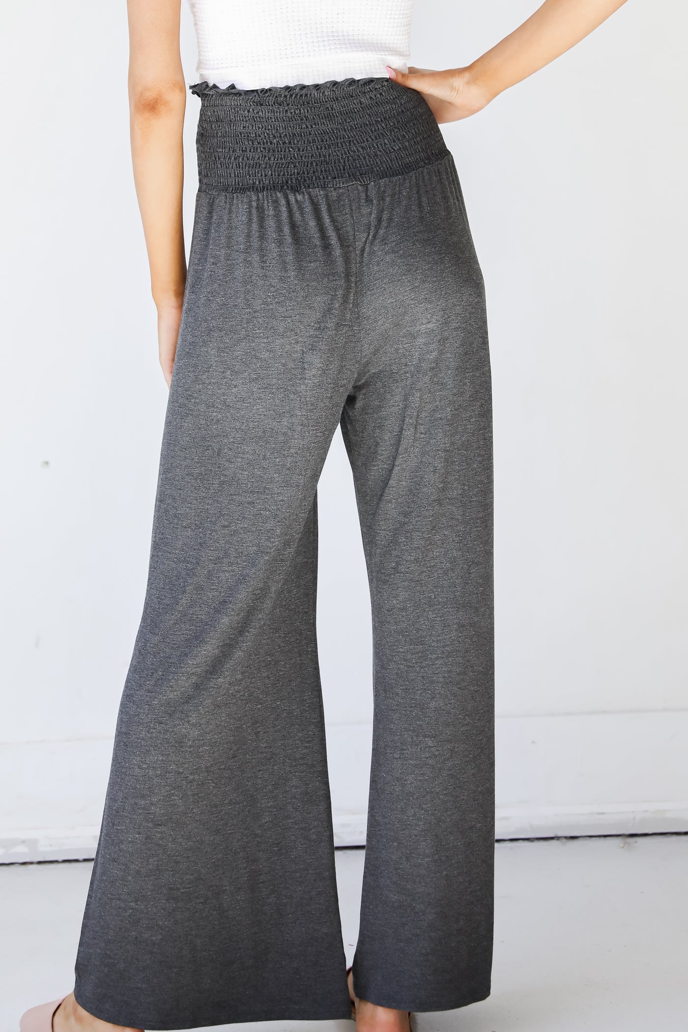 Smocked Wide Leg Pants in charcoal back view