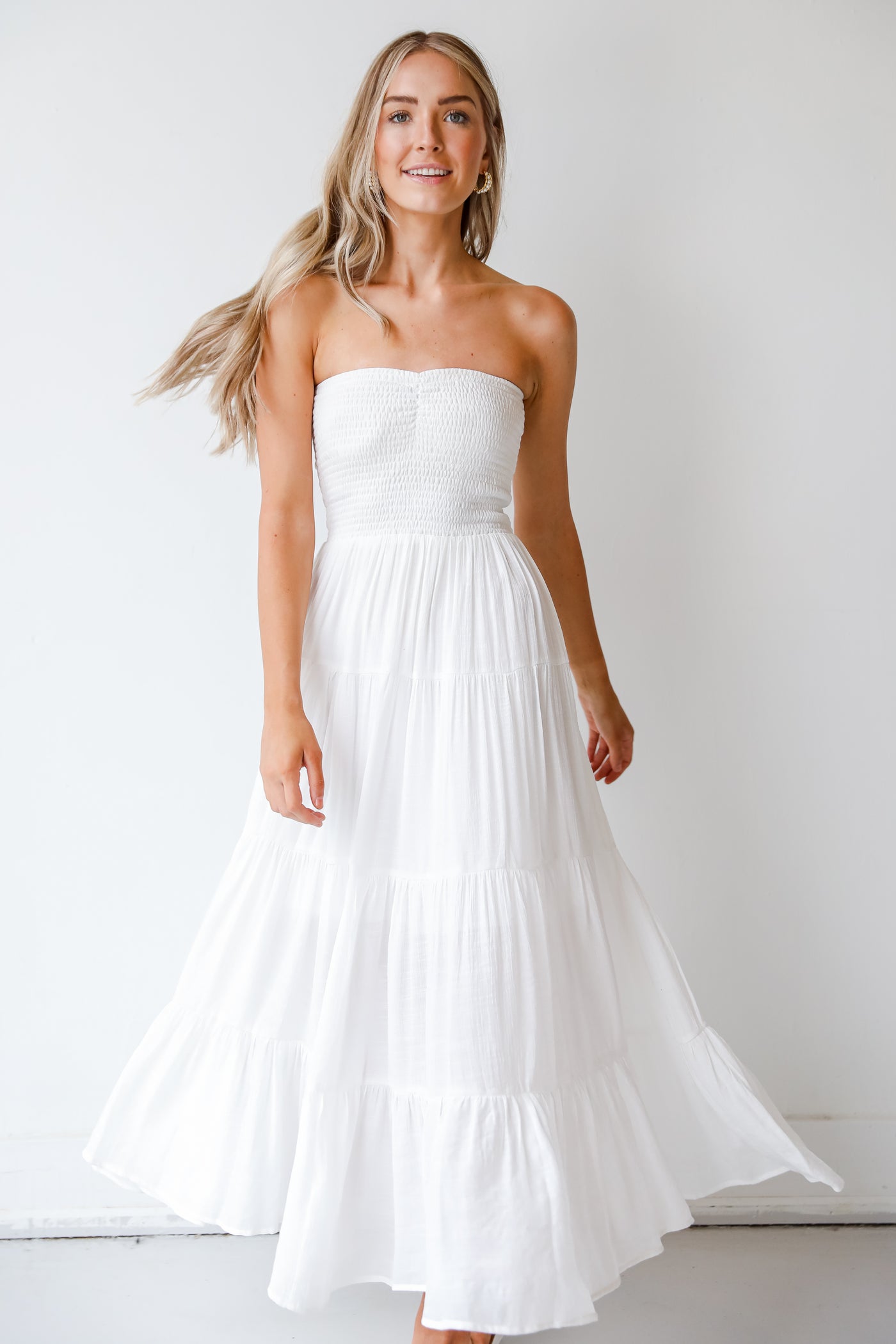 Strapless Maxi Dress in white on model