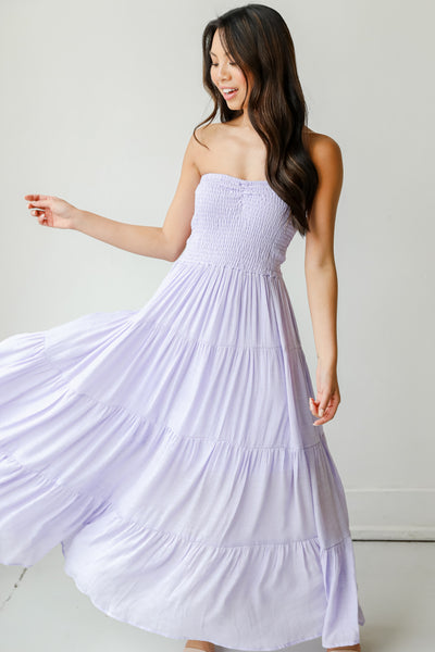Strapless Maxi Dress in lilac on model