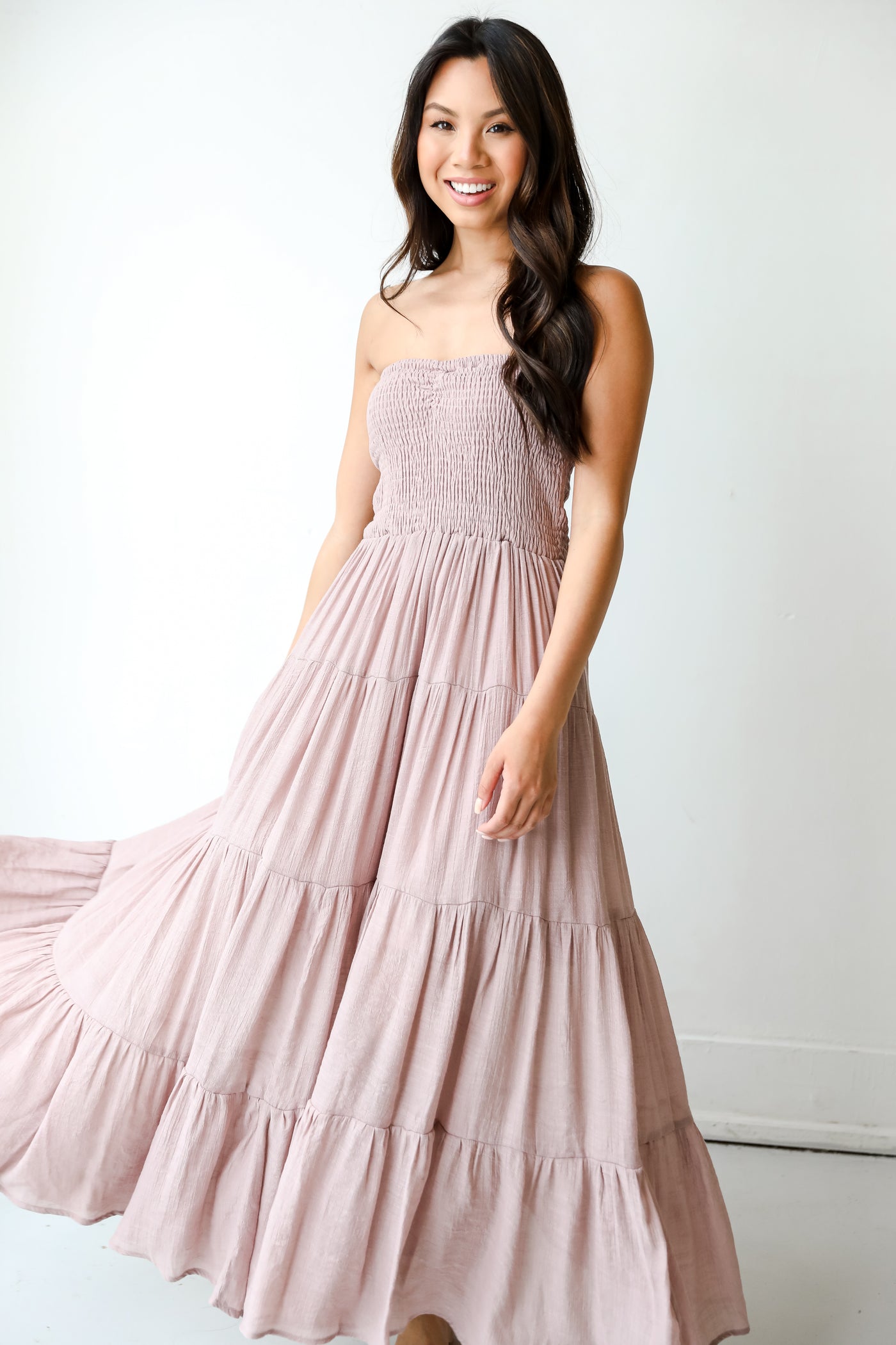 Strapless Maxi Dress in mauve on model