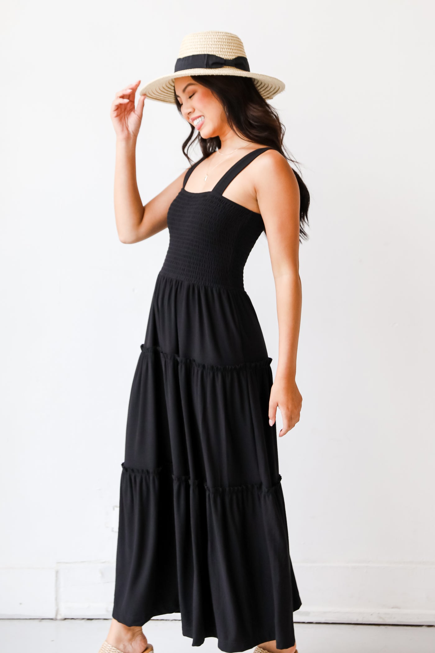 black Smocked Tiered Maxi Dress side view