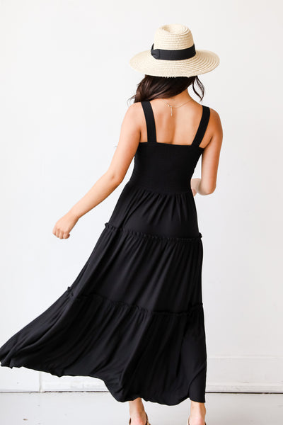 black Smocked Tiered Maxi Dress back view