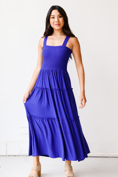 blue Smocked Tiered Maxi Dress