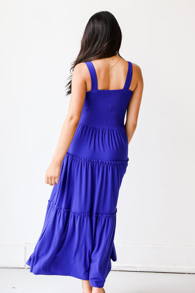 blue Smocked Tiered Maxi Dress back view