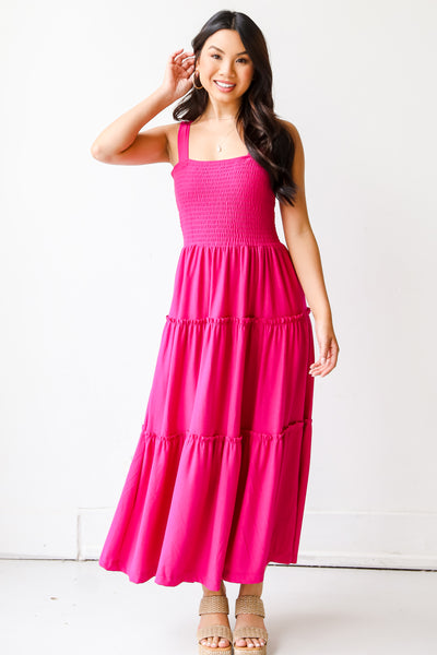 pink Smocked Tiered Maxi Dress on model