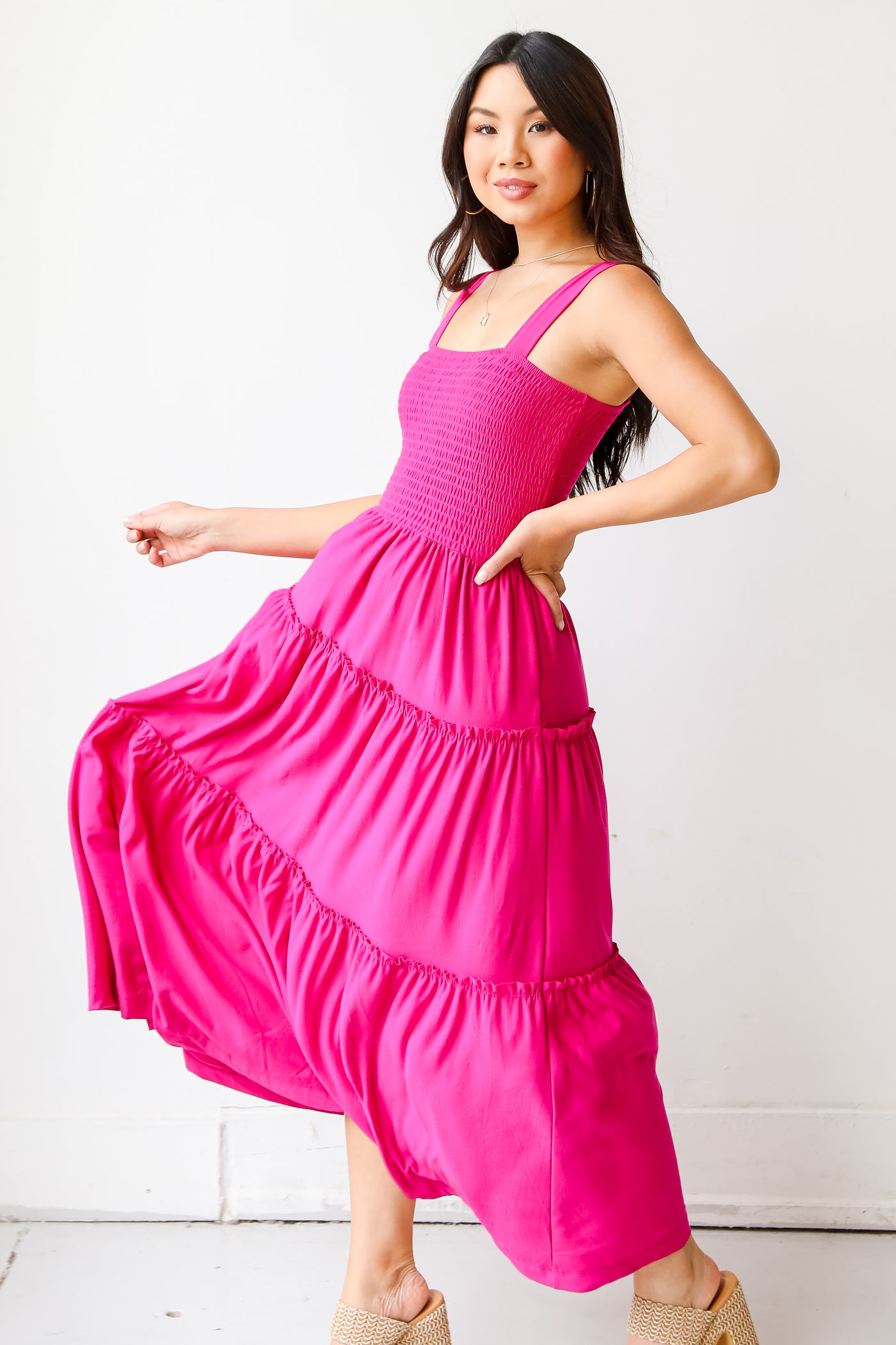 pink Smocked Tiered Maxi Dress side view
