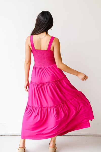 pink Smocked Tiered Maxi Dress back view