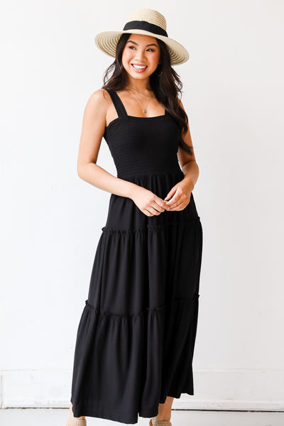 black Smocked Tiered Maxi Dress
