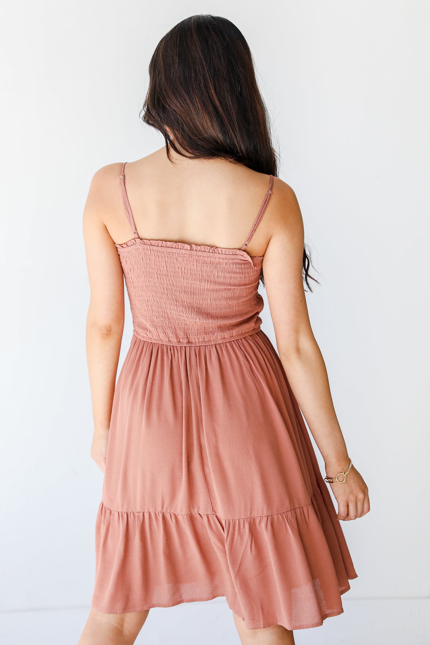 Smocked Mini Dress in clay back view