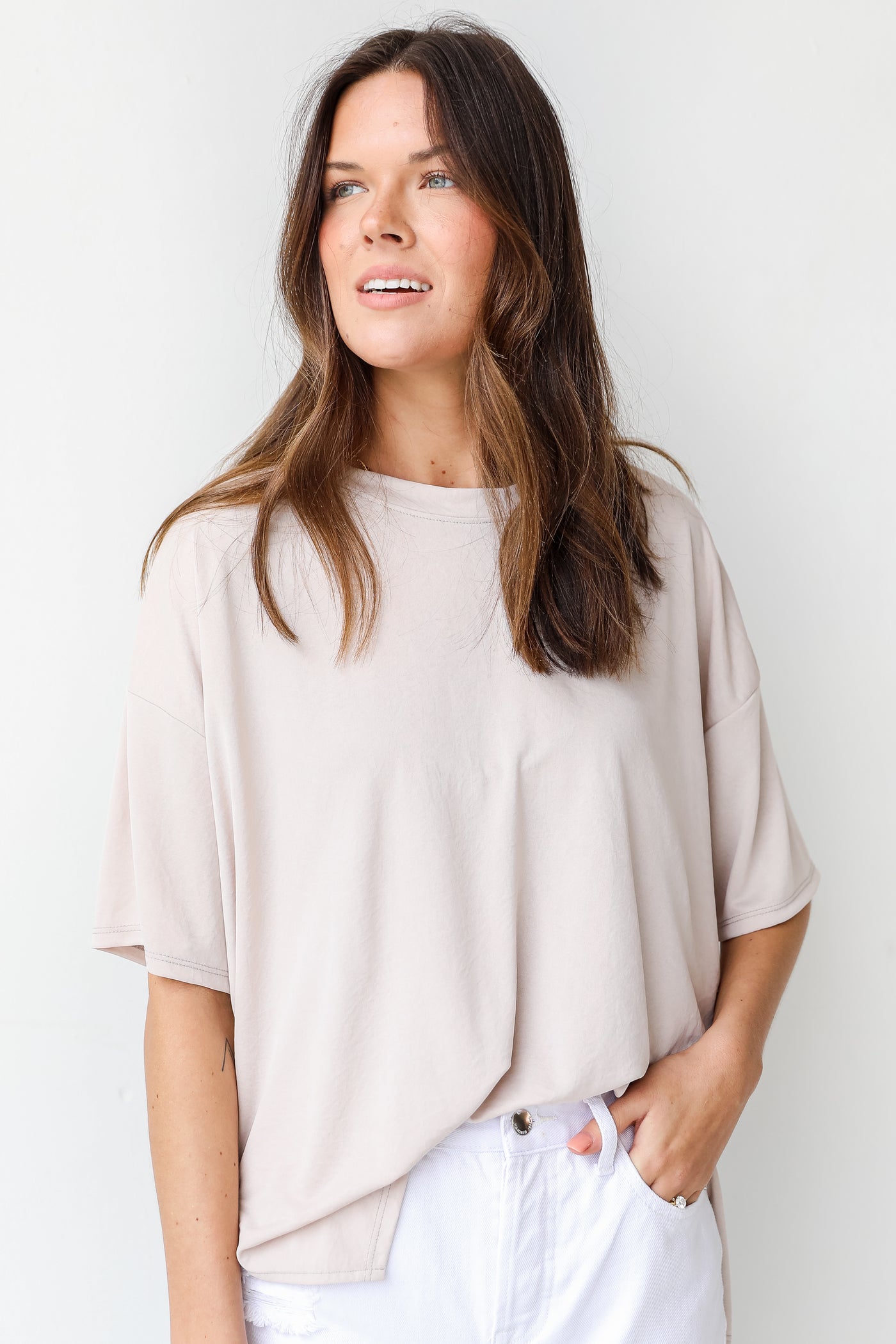Ultra Soft Everyday Tee in taupe on model