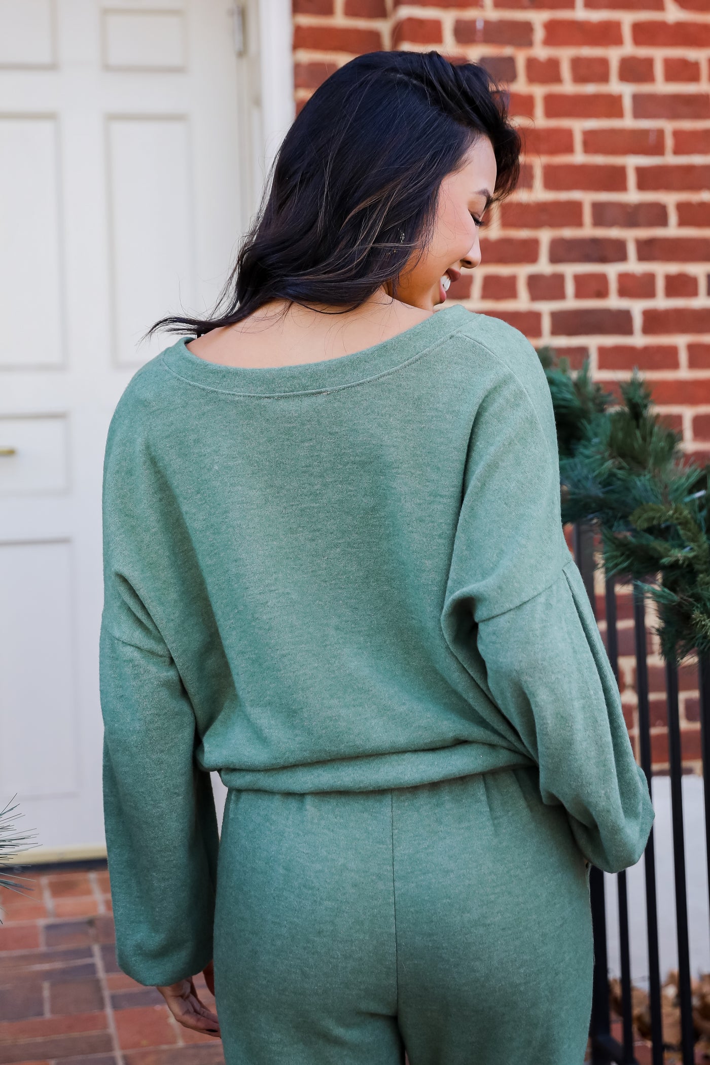 olive Brushed Knit Pullover back view