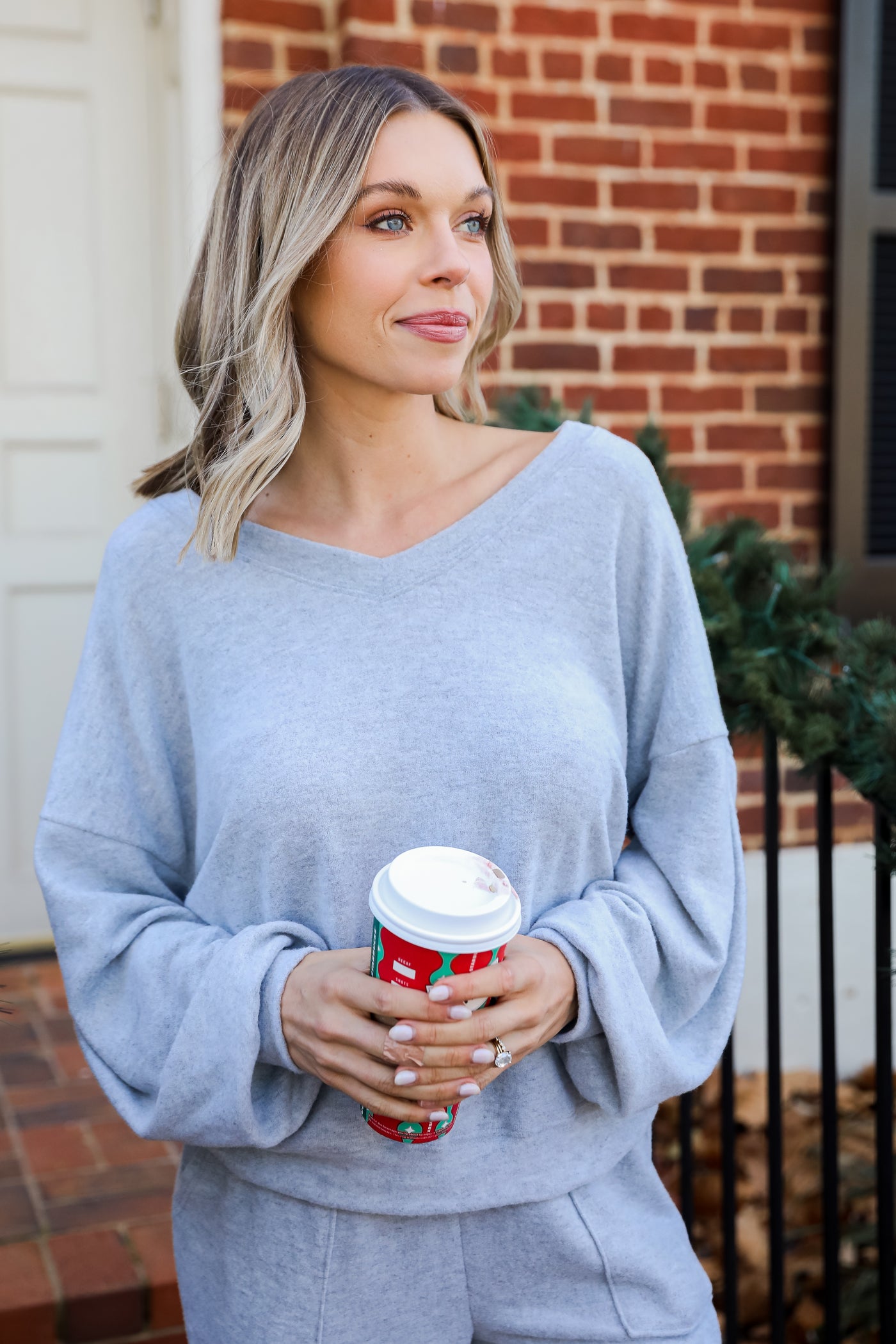 heather grey Brushed Knit Pullover on model